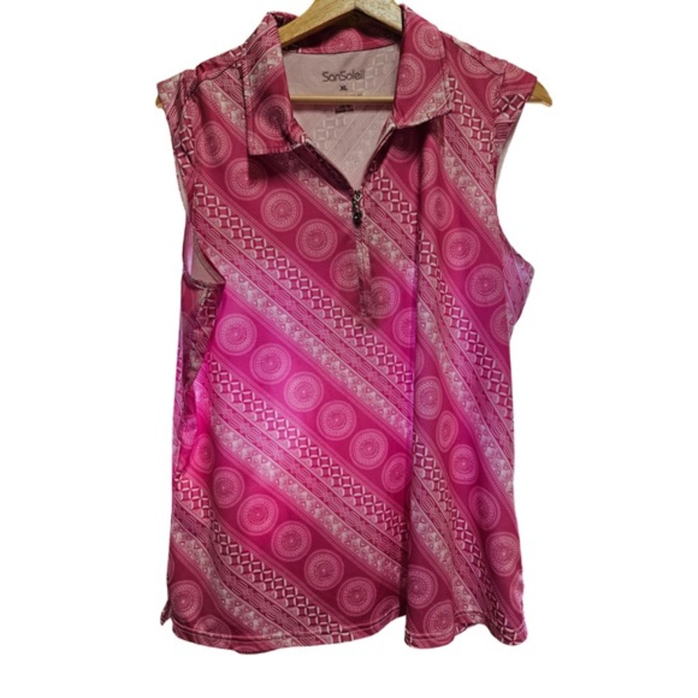 SanSoleil Womens XL Sleeveless‎ Golf Polo Shirt Pink Geometric Print UPF 50